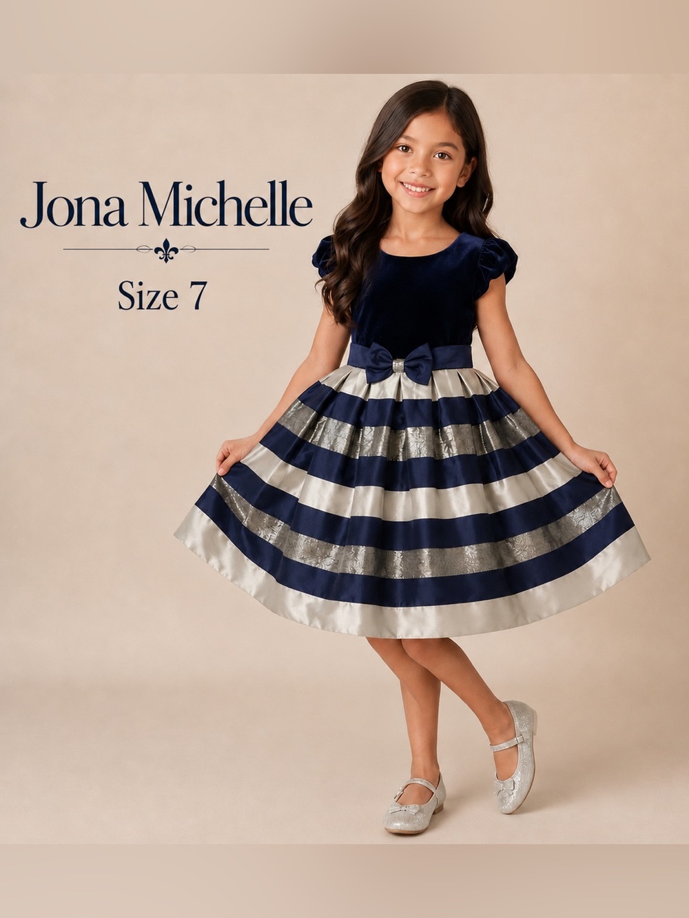 Jona Michelle Girls Sz 7 Navy Velvet Holiday Dress Metallic Stripe Party Dress